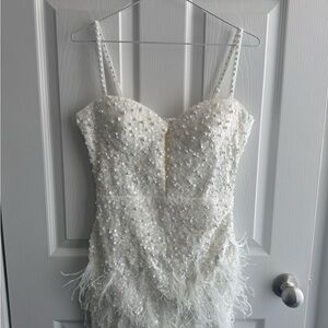 Elegant White Sequin and Feather Dress
